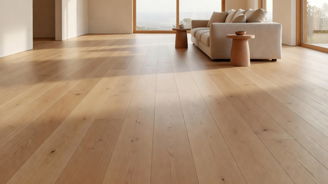 wide-angle photorealistic interior of an airy open-plan space with pale honey oak matte hardwood floors stretching unbroken toward floor-to-ceiling windows, war