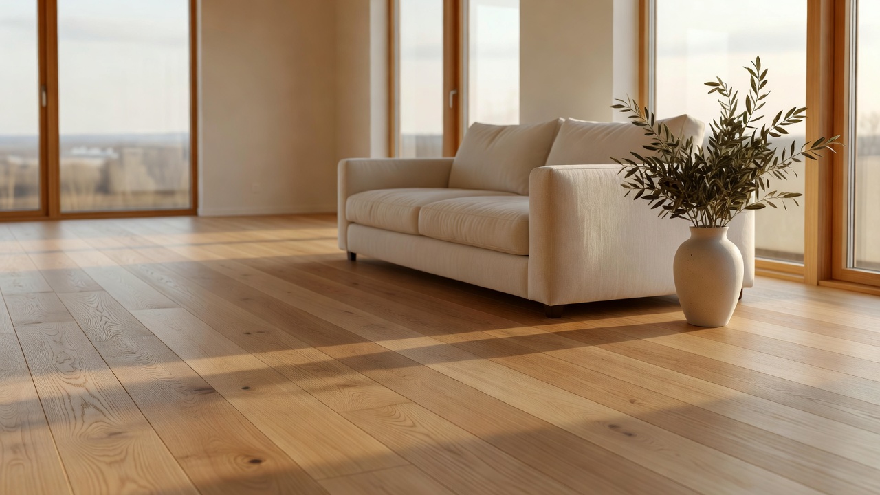 sunlit Scandinavian living room with honey oak matte warm wood flooring stretching toward floor-to-ceiling windows, soft linen sofa and ceramic vase with olive 