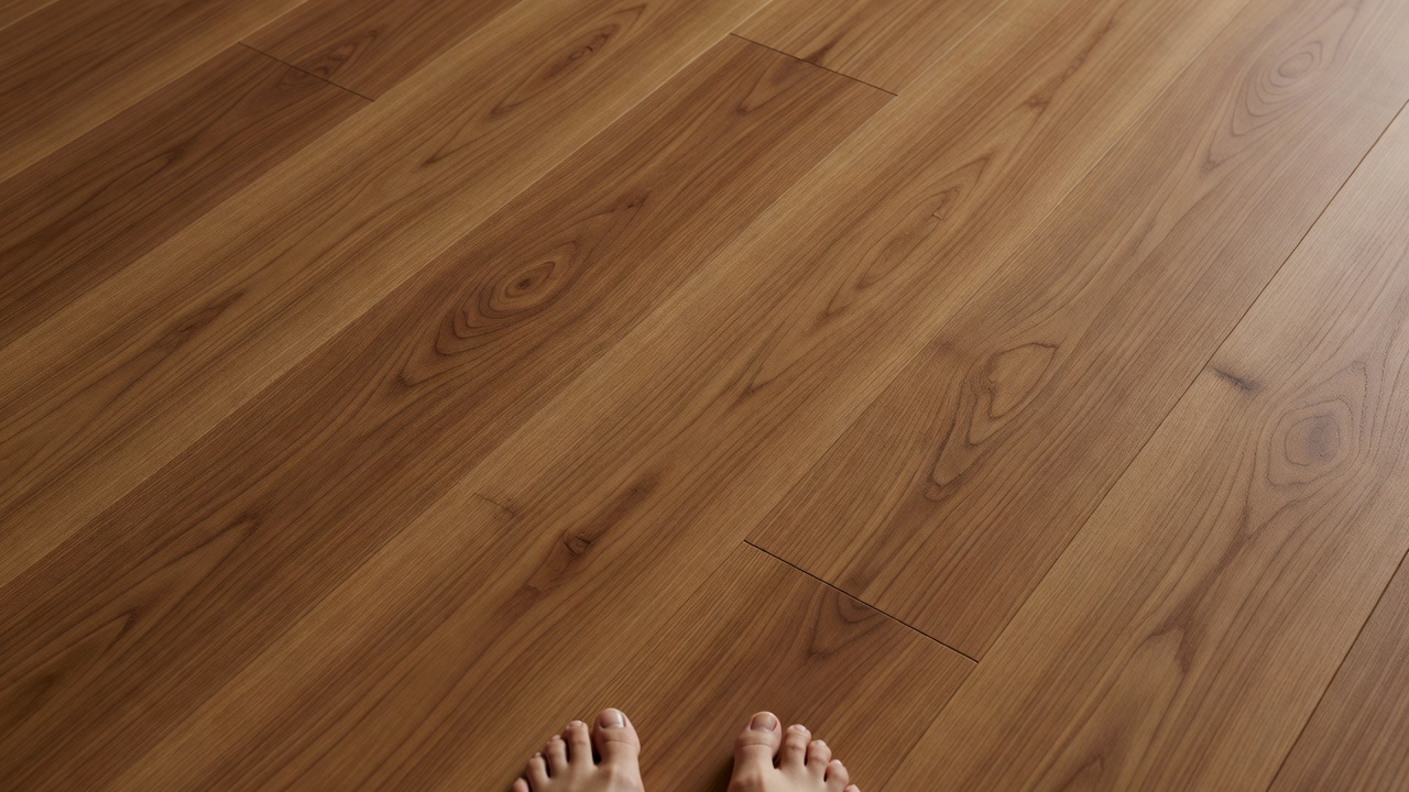 close-up photorealistic detail of caramel chestnut matte warm wood flooring with subtle grain and zero glare under soft natural window light, bare feet just vis