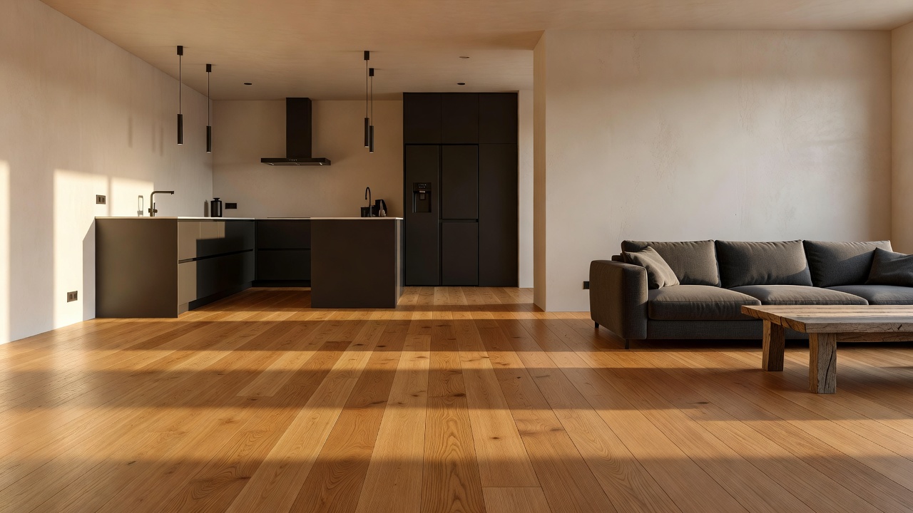 wide-angle view of open-plan kitchen-living space with continuous honey oak matte warm wood flooring, matte black fixtures, plaster walls, and late-day golden l