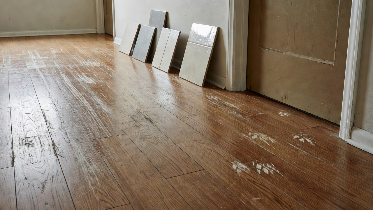 photorealistic worn high-traffic hallway with scuffed luxury vinyl plank near a mudroom door, dog claws marks and grocery cart wheel paths visible in natural da