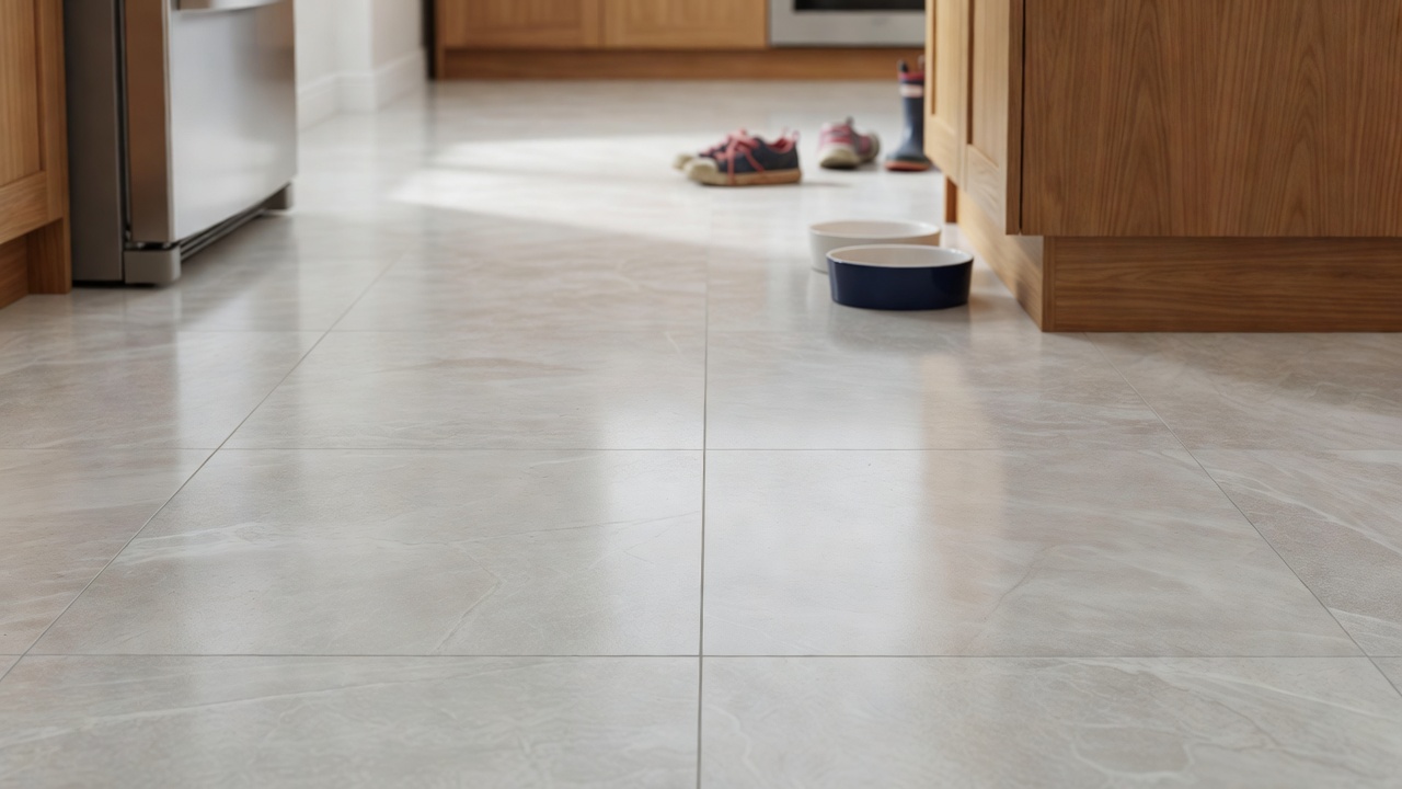 photorealistic close-up of porcelain tile floor in a busy family kitchen with scuff-free surface near refrigerator and island, dog bowls and kids shoes in soft
