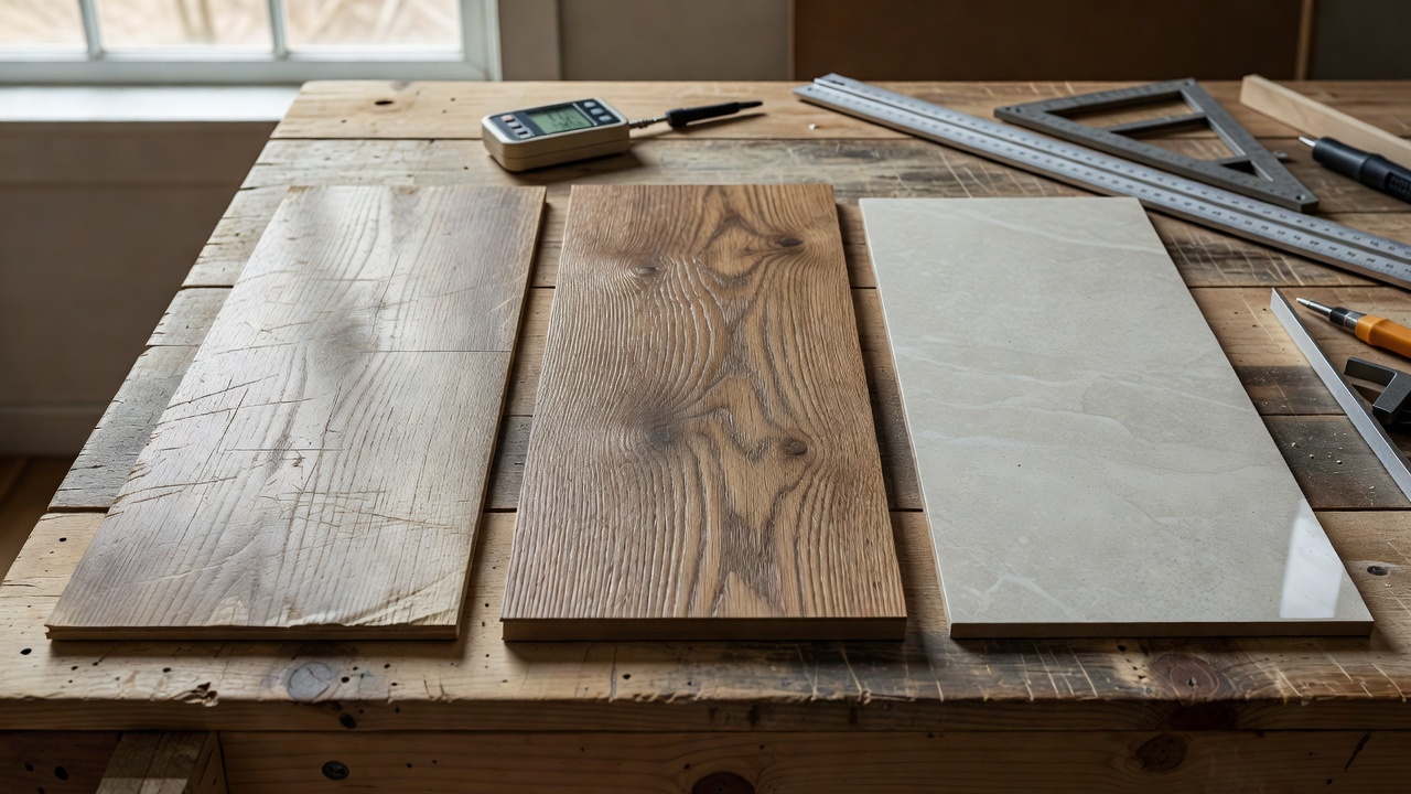 photorealistic side-by-side comparison of scratched thin-wear LVP plank next to intact thick-wear commercial LVP and a porcelain tile, on a contractor workbench