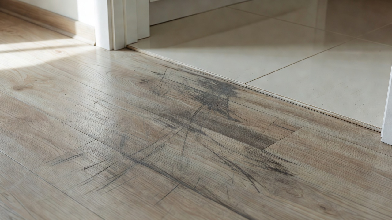 photorealistic worn kitchen doorway threshold showing heavy foot-traffic path on light wood-look flooring next to intact porcelain tile, scuff marks and grit vi