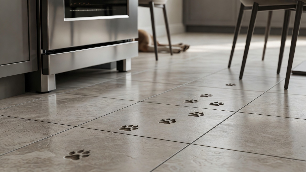 photorealistic close-up of porcelain tile kitchen floor with dark grout under a stainless range, slight sheen from use, dog paws and chair legs in soft backgrou