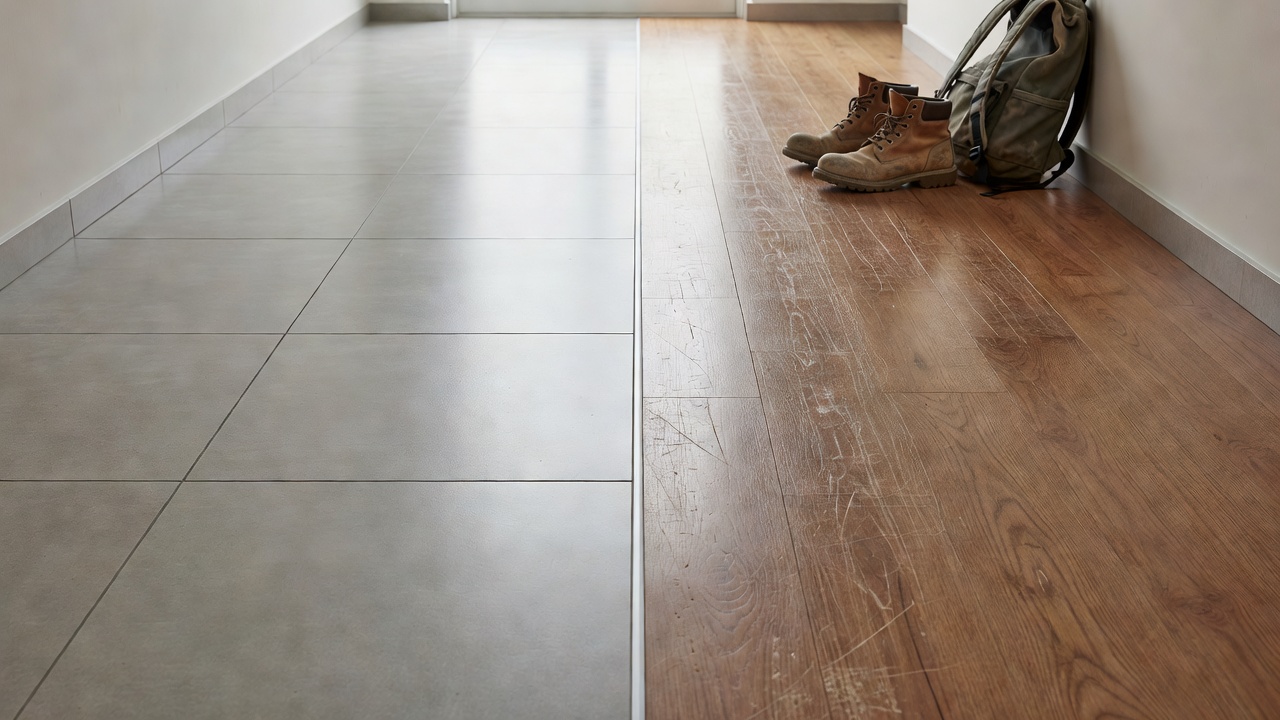 photorealistic hallway high-traffic path comparison with porcelain tile on left and scratched LVP on right meeting at a clean transition strip, work boots and b