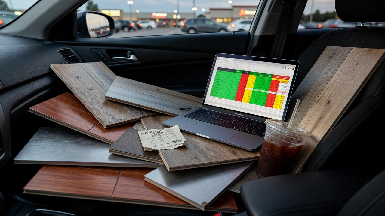 photorealistic overhead shot of a messy kitchen table covered in open laptop showing a chaotic color-coded flooring spreadsheet, scattered LVP and hardwood samp
