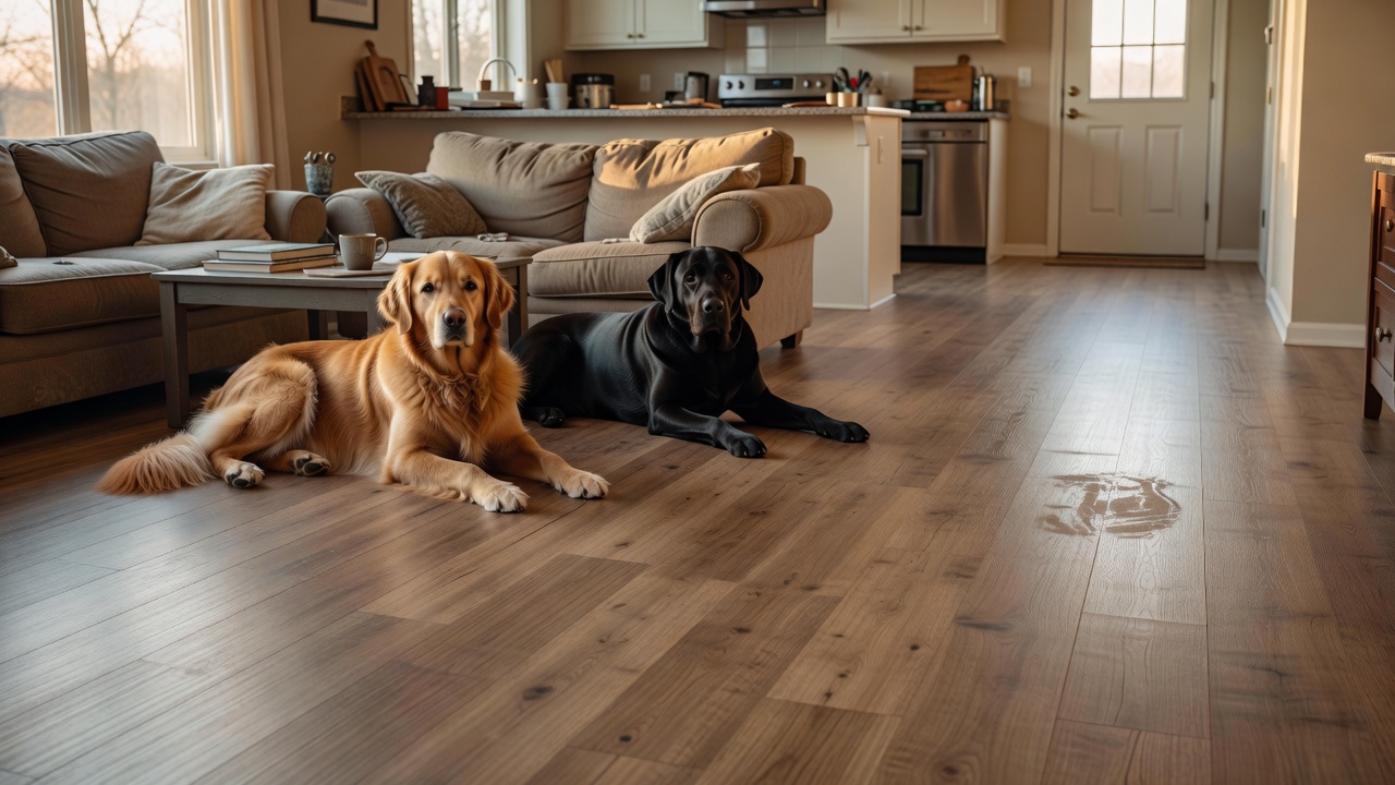 photorealistic wide shot of a lived-in open-plan living room and kitchen with newly installed medium-tone rigid core vinyl plank flooring, two large dogs lying 