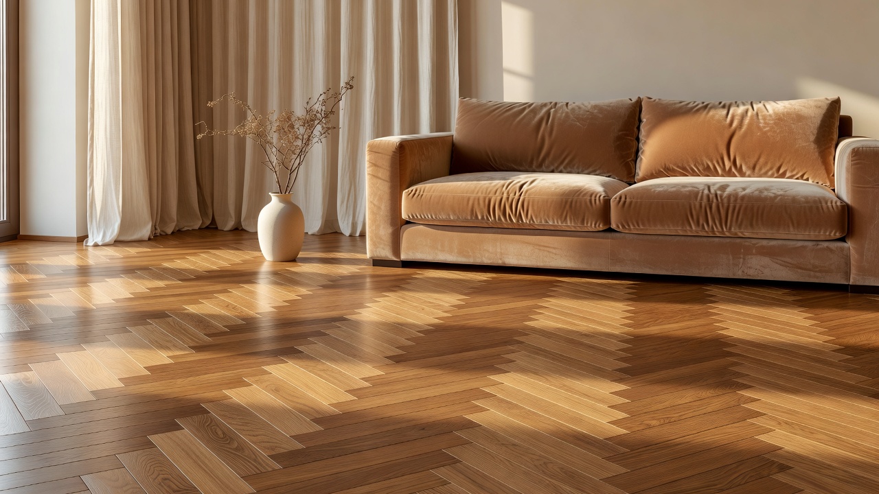 sunlit open-plan living room with honey-oak herringbone hardwood floors in matte finish, clay velvet sofa, linen curtains, and a single ceramic vase holding dri