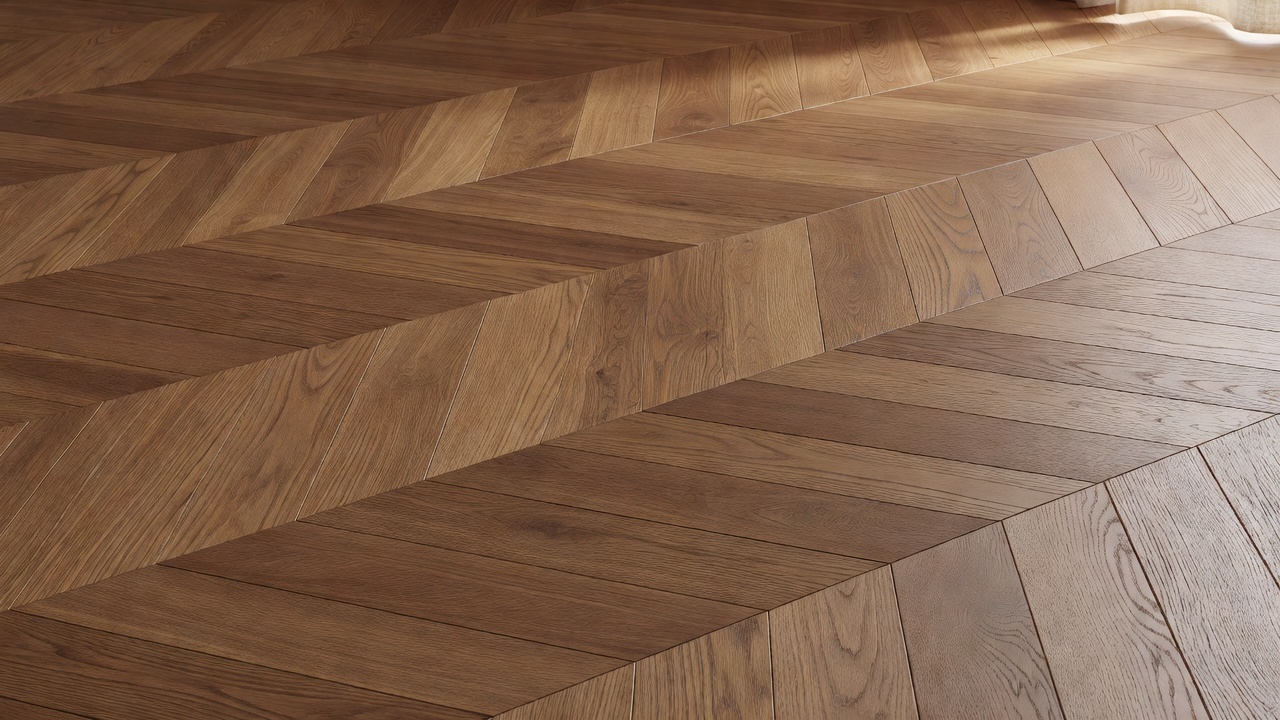 close-up photorealistic detail of matte-finish warm chestnut herringbone hardwood flooring with soft natural side light highlighting grain texture and precise m