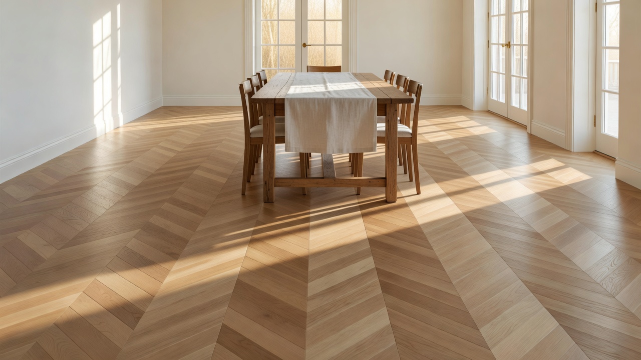 wide-angle view of a bright dining room with soft caramel chevron wood floors extending toward French doors, white plaster walls, a long oak table with linen ru