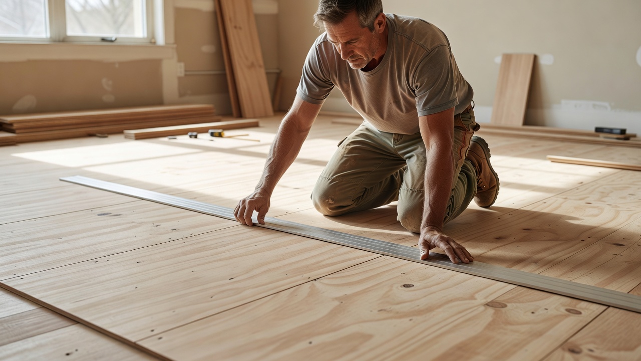 contractor checking subfloor flatness with straightedge on plywood for hardwood flooring prep