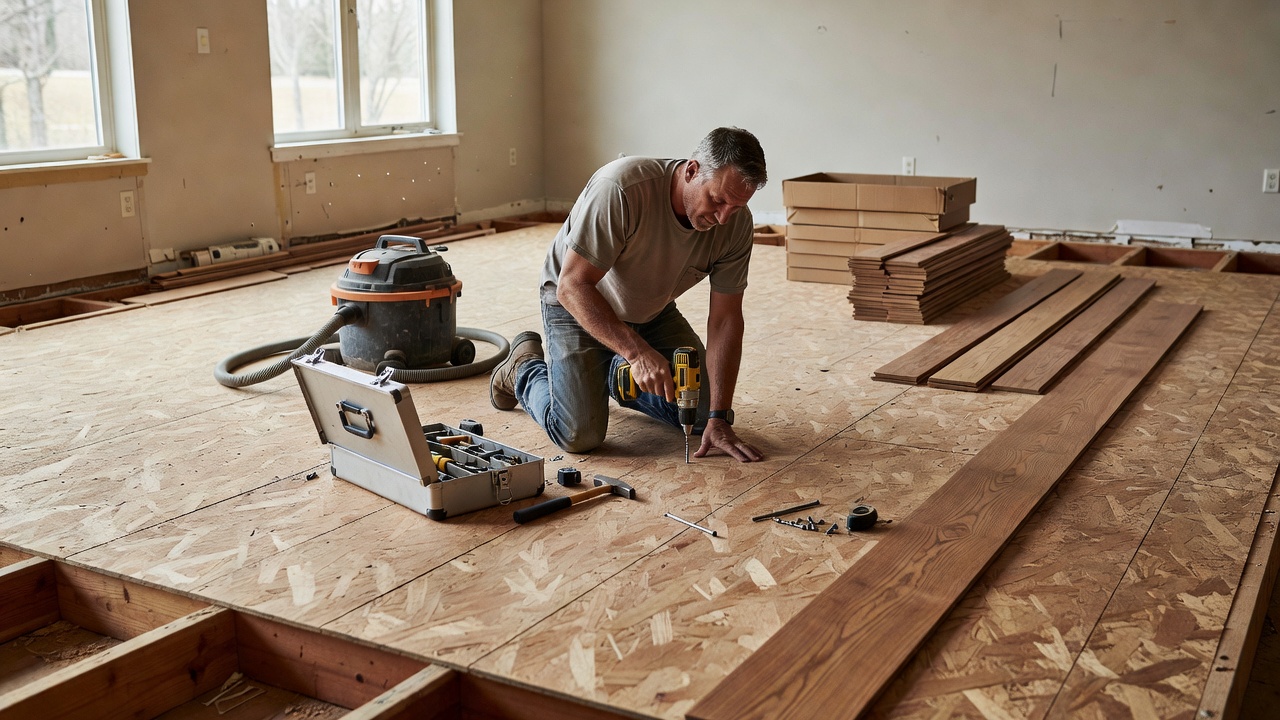 wide contextual photo illustrating how to prepare subfloor for hardwood flooring in a real home