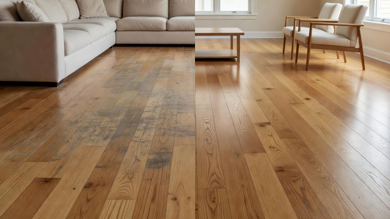 photorealistic before-and-after of a sunlit living room oak hardwood floor, left side dull scratched high-traffic lanes near sofa, right side freshly refinished
