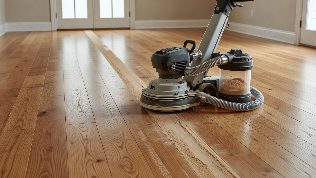 photorealistic close-up three-quarter view of a professional floor sander and dustless system on oak hardwood in an empty pre-listing dining room, even sanding 