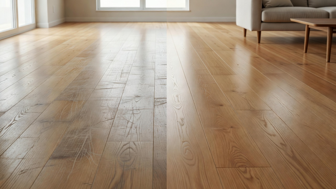 photorealistic before-and-after of a 1920s oak living room floor, left side dull orange and scratched under harsh listing-photo lighting, right side evenly sand