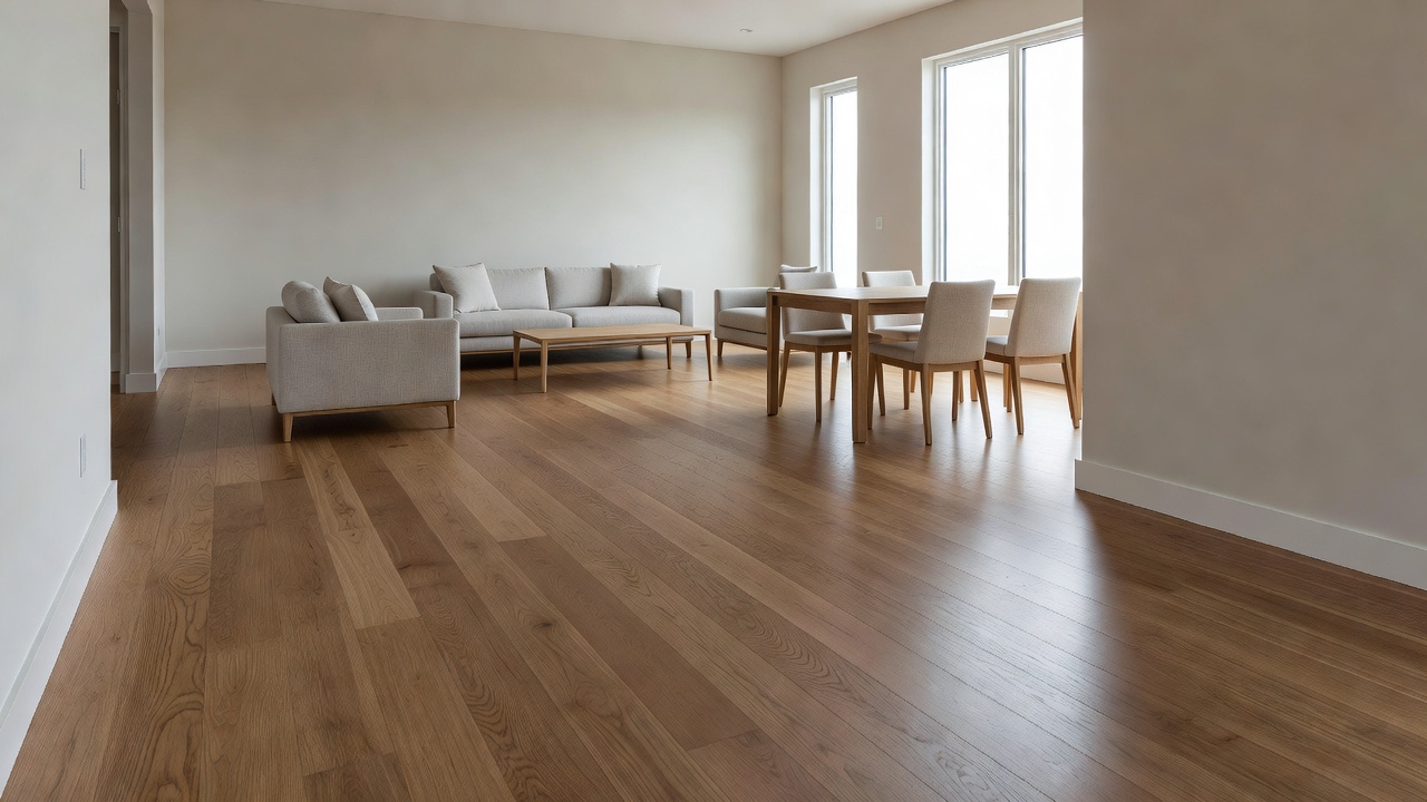 photorealistic open-house scene of a staged mid-century living-dining space with freshly refinished medium-tone hardwood floors reflecting soft overhead can lig