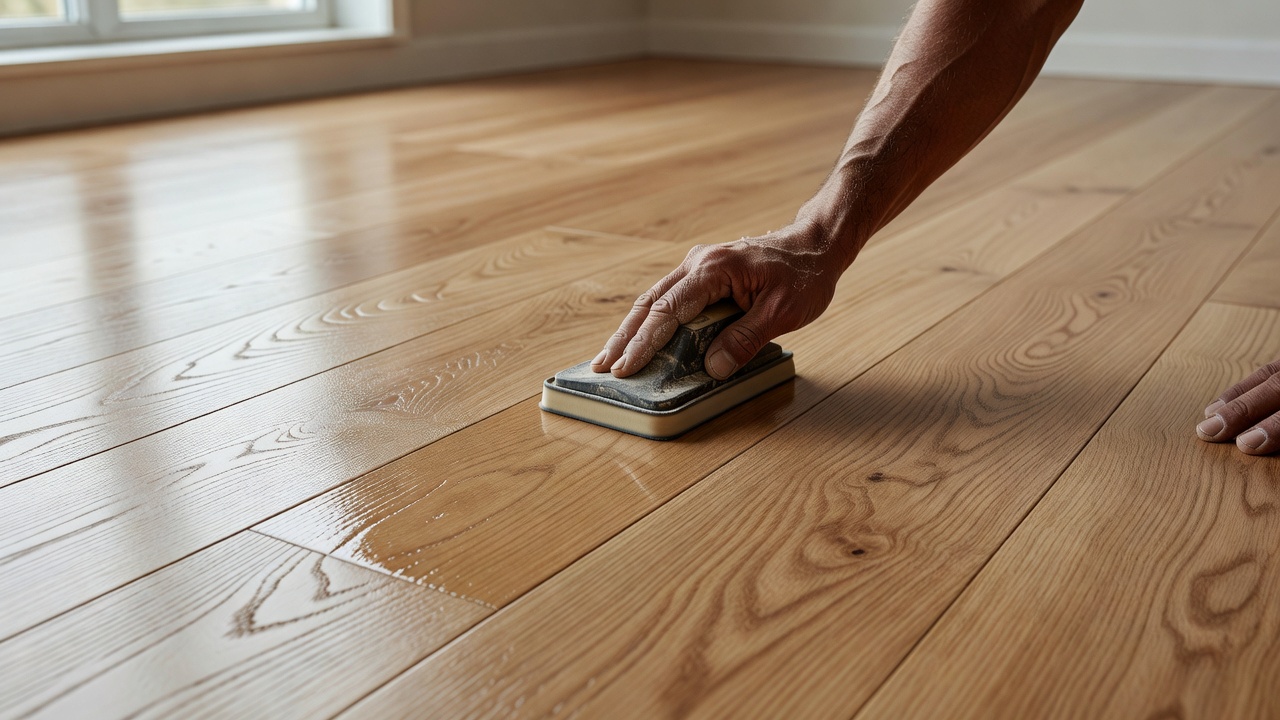 photorealistic close-up three-quarter view of a professional floor sander and dust-containment system working across classic red-oak strip flooring in an empty