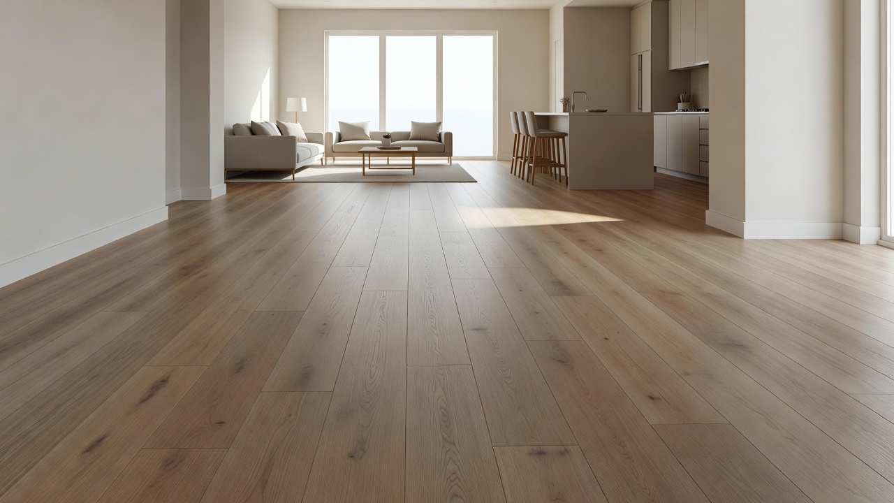 photorealistic open-concept living room with brand-new neutral luxury vinyl plank flooring in light oak tone, empty staged space with white sofa and large windo