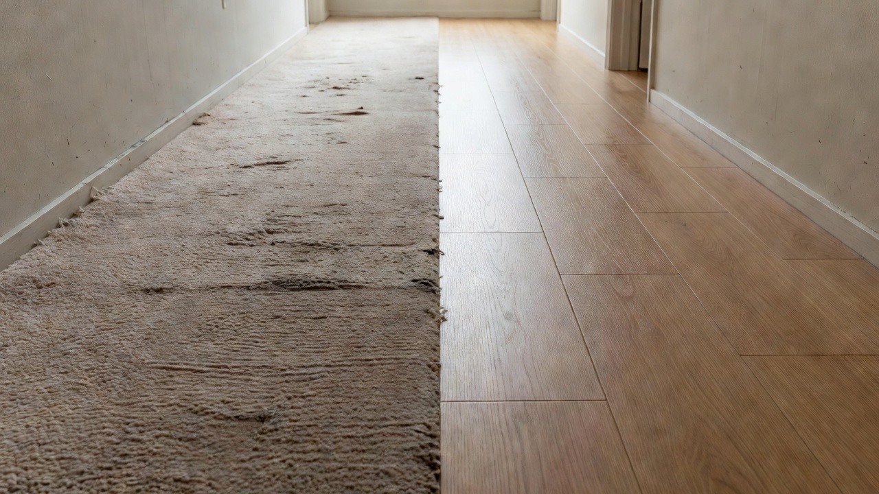 photorealistic side-by-side comparison of a dated stained beige carpet living room versus the same room after install of light neutral LVP flooring, staged iden