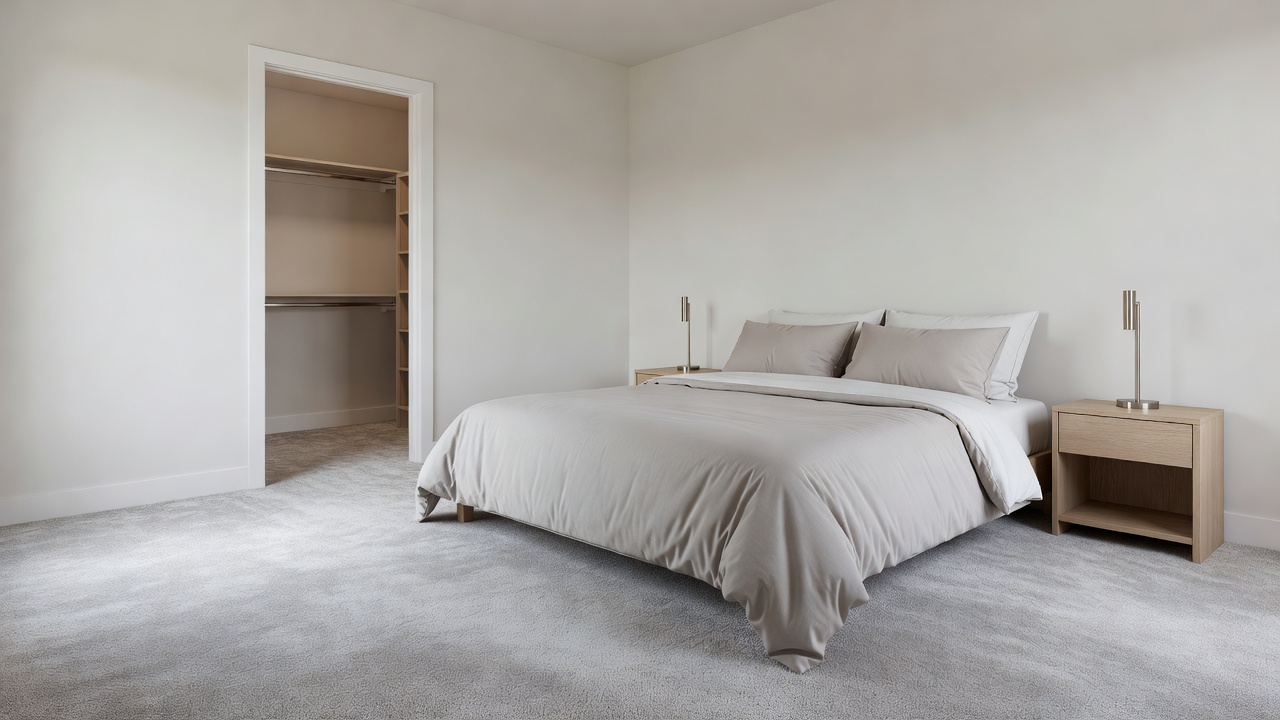 photorealistic close-up of professional installers laying light oak luxury vinyl plank in an empty hallway leading to a bright living room, knee pads and spacer