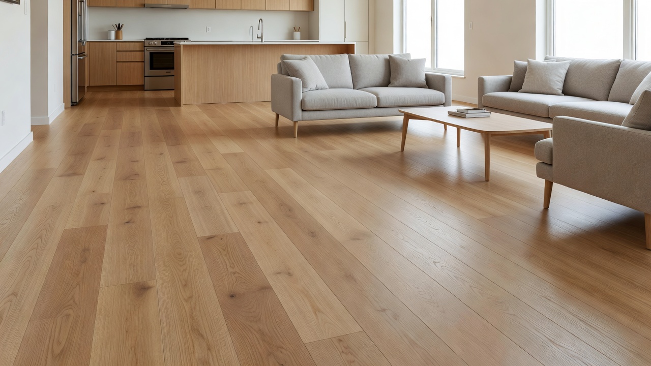 photorealistic open-concept living room staged for sale with new light oak luxury vinyl plank flooring running continuously into the kitchen, neutral furniture,