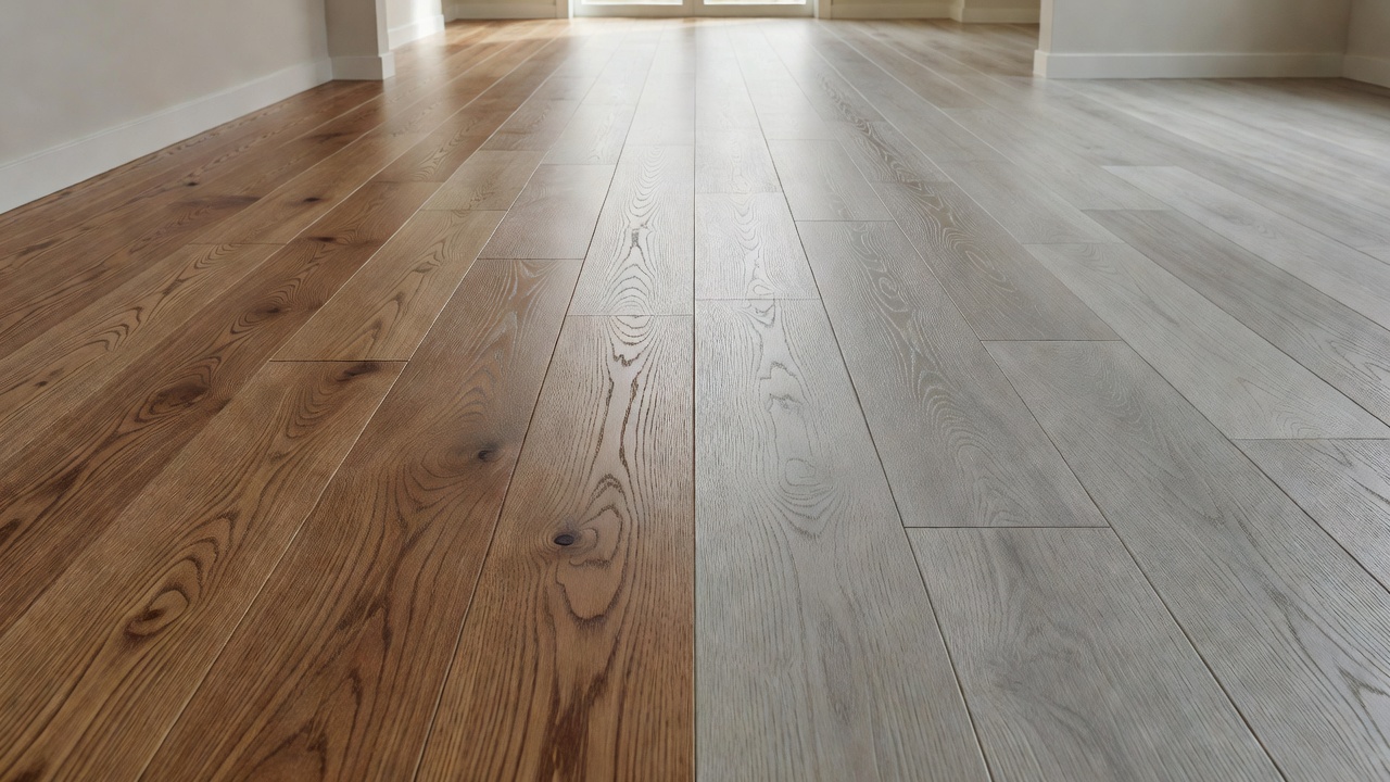 close-up photorealistic side-by-side comparison of refinished medium-tone hardwood floor next to modern light gray LVP planks in a staged hallway, natural dayli
