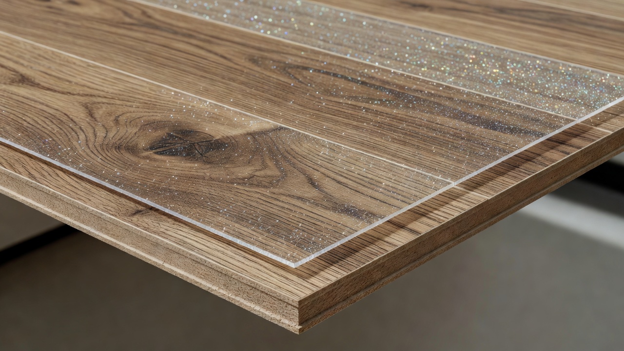 photorealistic close-up of a cross-sectioned luxury vinyl plank under soft lab lighting, showing clear wear layer with tiny ceramic particles above a printed wo