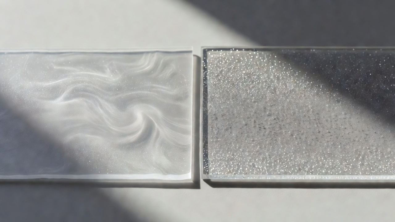 photorealistic side-by-side macro of two clear flooring wear layer samples under raking light, one smooth soft-looking film with fine swirl haze and one aluminu