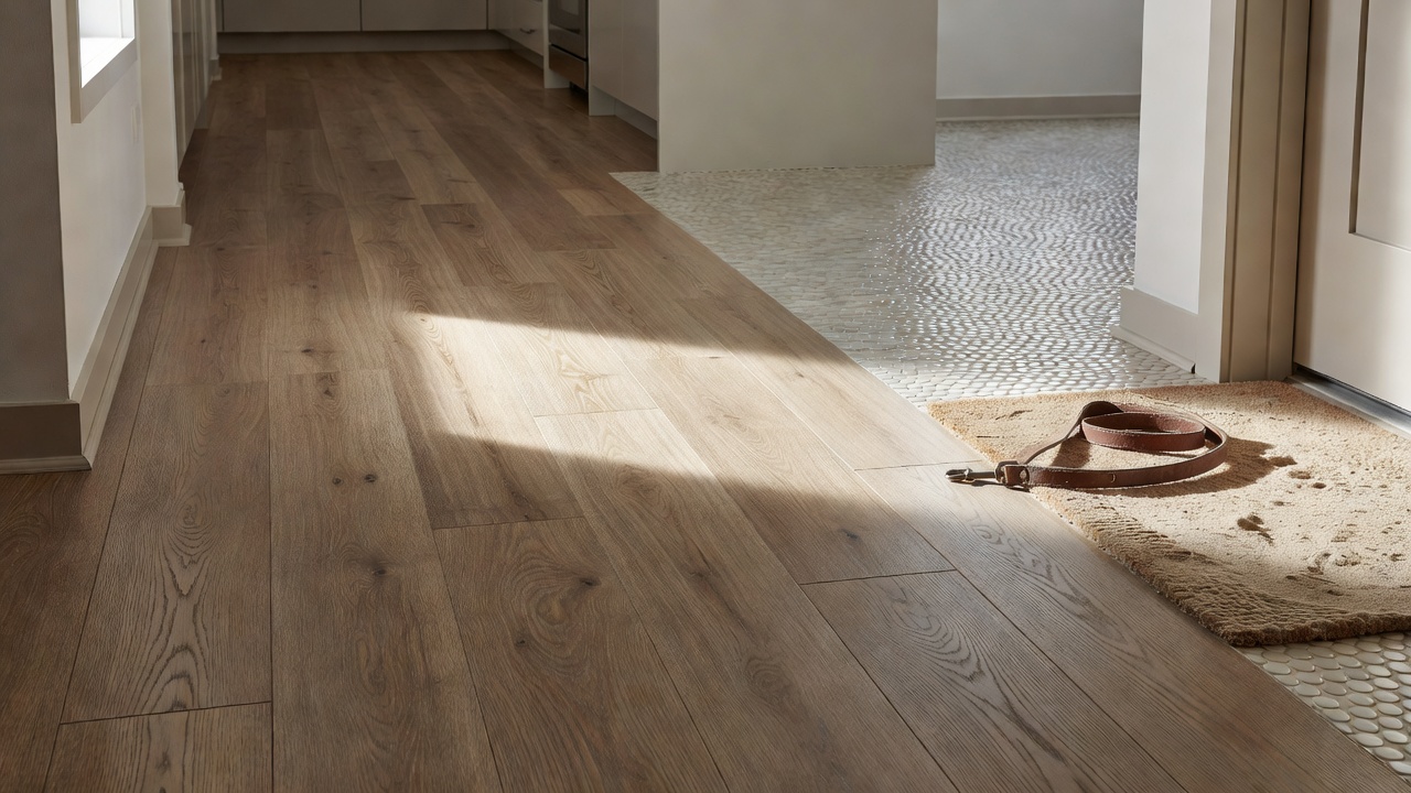 photorealistic kitchen hallway scene with morning sun stripe across mid-tone oak-look LVP, ceramic bead flooring surface catching soft specular highlights while