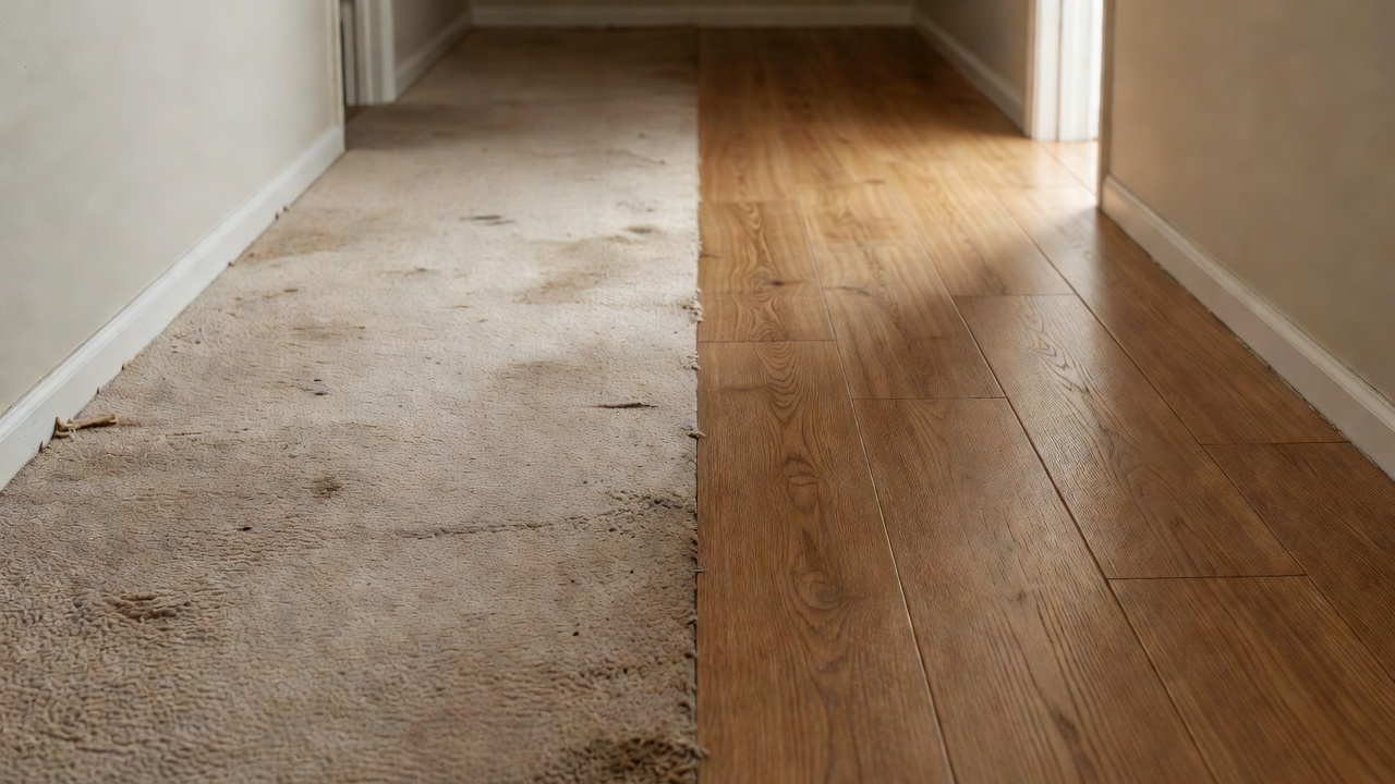 close-up photorealistic before-and-after split of worn stained beige carpet next to newly installed waterproof medium-oak LVP plank flooring in a hallway, natur