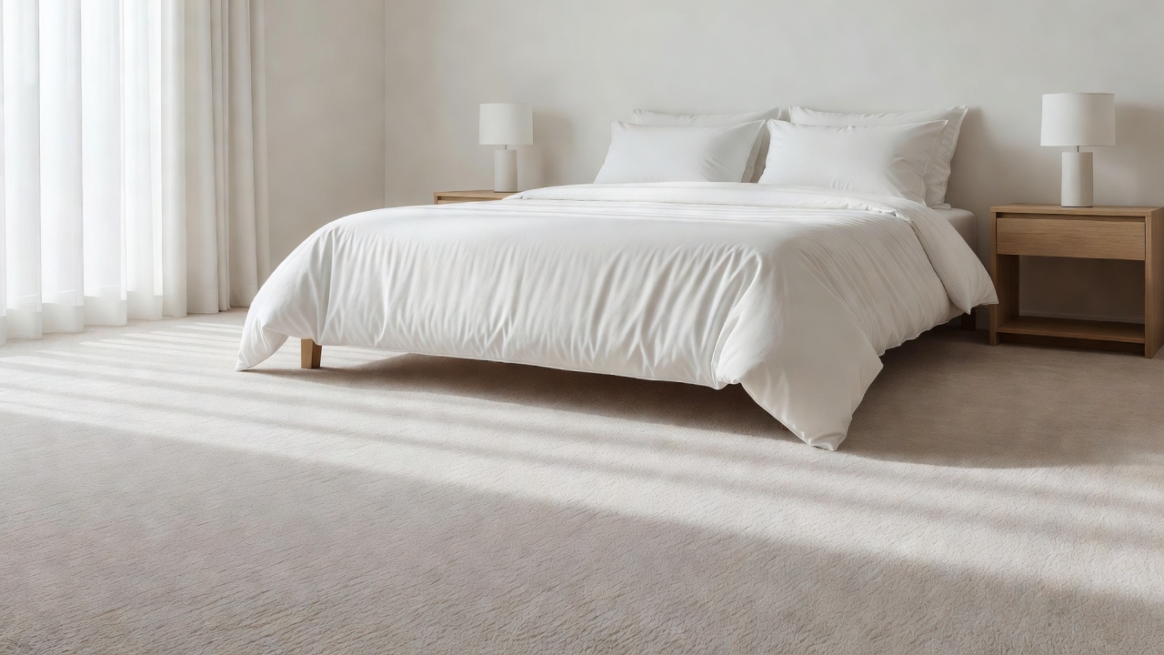 photorealistic staged primary bedroom with freshly cleaned neutral low-pile carpet, white bedding, minimal nightstands, and soft morning light through sheer cur