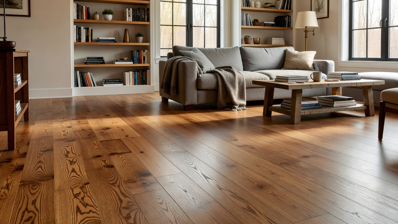 photorealistic detail of a craftsman’s hands sanding a thick solid hardwood oak floor in a historic brownstone parlor, dust motes in the air, revealing fresh go