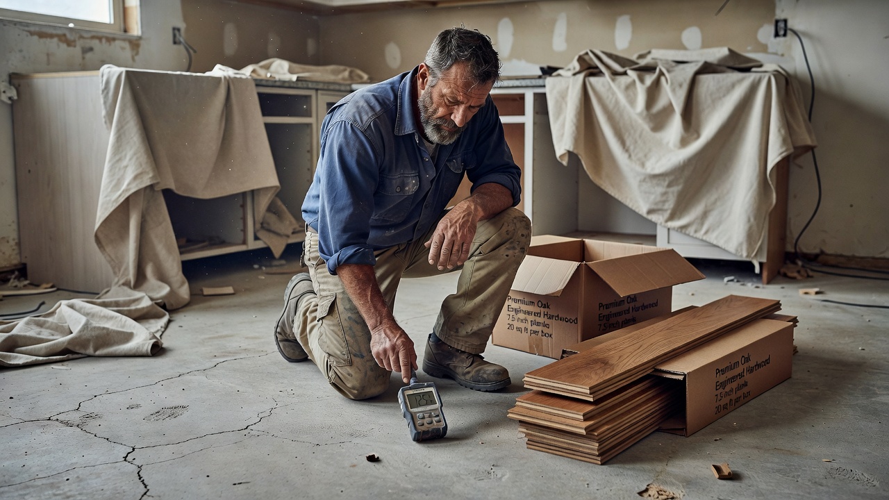 weathered contractor kneeling on bare concrete slab holding a digital concrete moisture meter probe inserted into a drilled hole, dust and tools scattered nearb