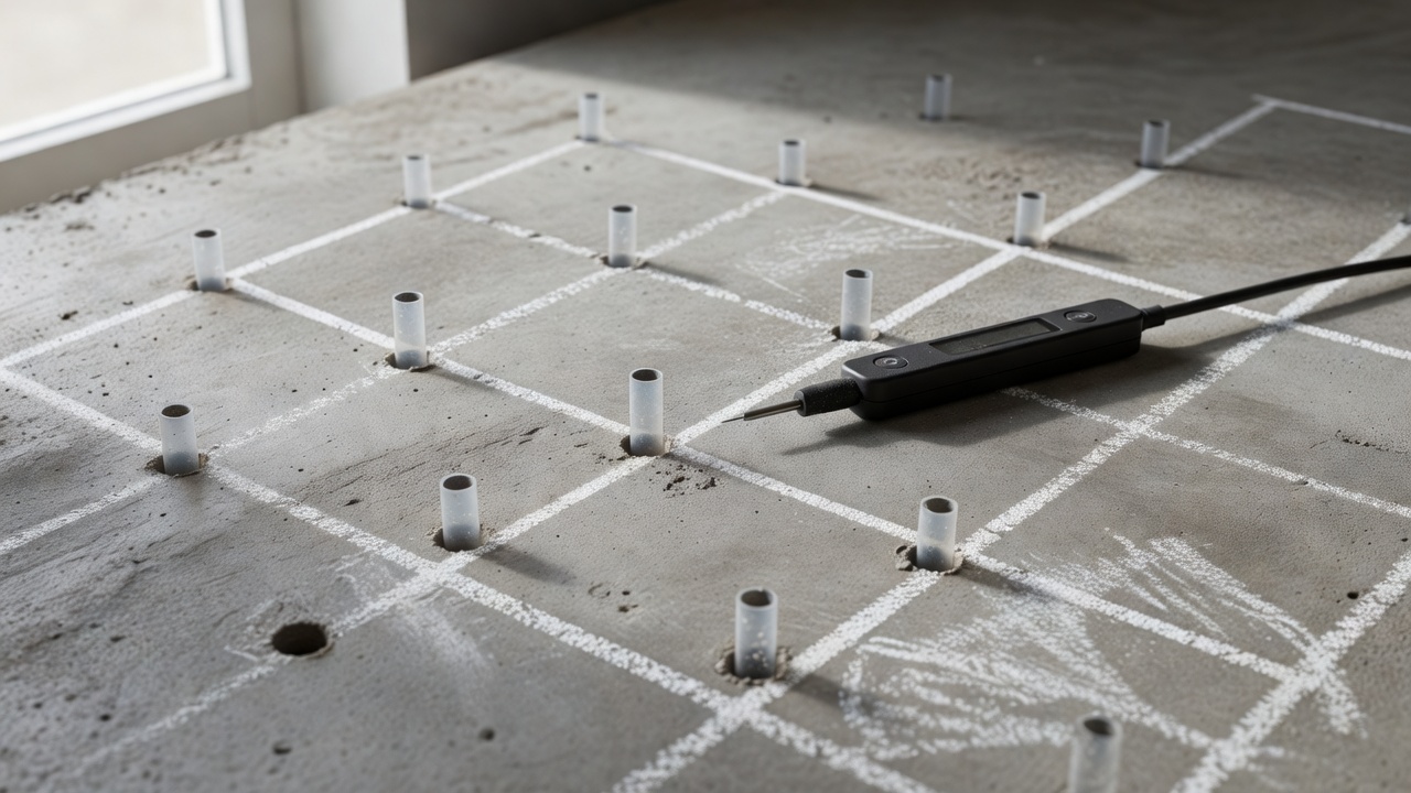 close-up of ASTM F2170 relative humidity test sleeves embedded in a concrete subfloor with a handheld RH meter displaying a reading, chalk marks and a tape meas
