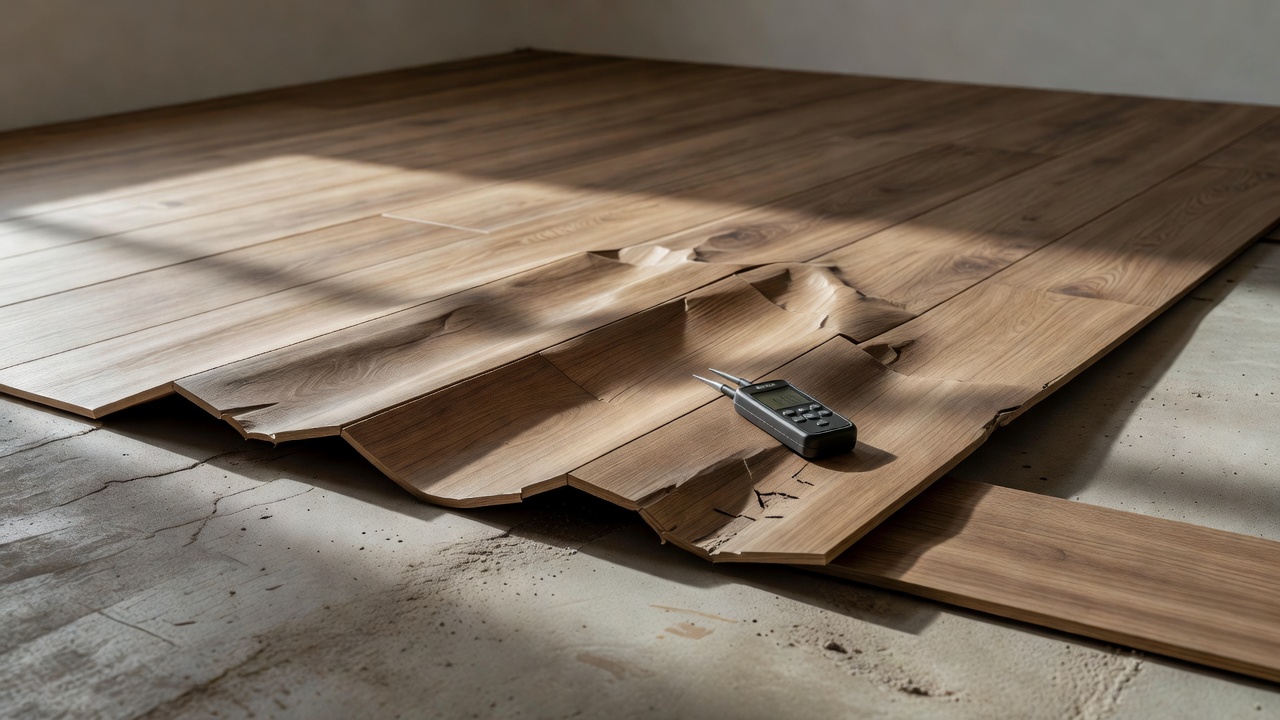 split residential interior showing cupped and buckled hardwood flooring next to a properly flat newly installed plank floor over the same style of concrete subf