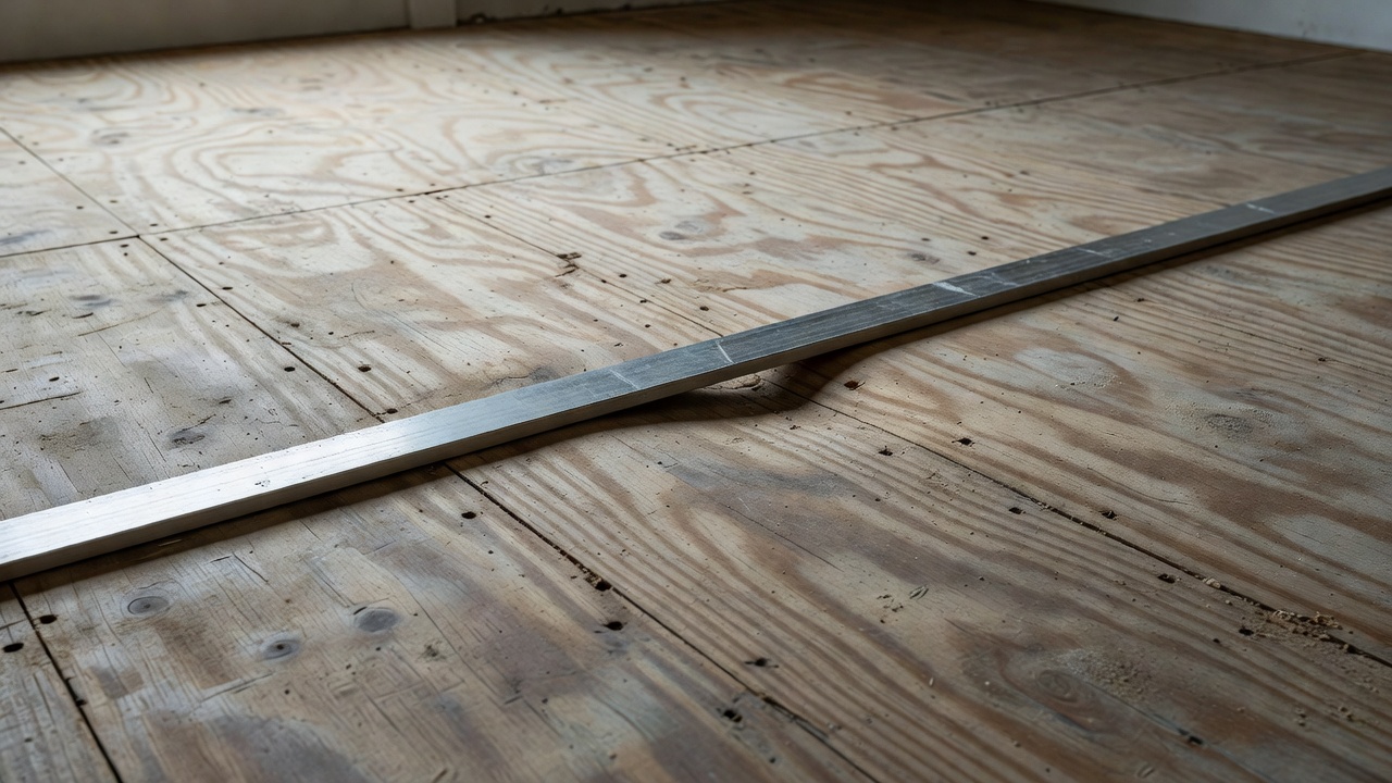photorealistic close-up of a weathered plywood subfloor in a residential room with dust, old staple holes, and a contractor's straightedge laying across a sligh