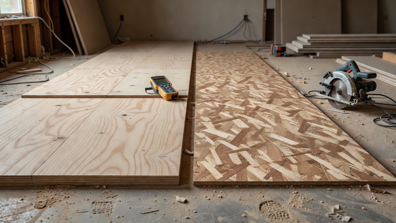 photorealistic side-by-side comparison of plywood subfloor sheets and OSB panels on a jobsite floor with a moisture meter and circular saw nearby, dusty residen