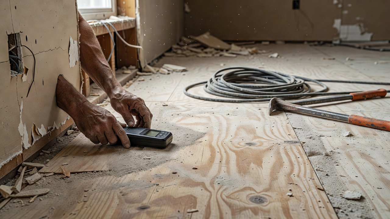 photorealistic contractor hands using a pinless moisture meter on a plywood subfloor near a exterior wall in a partially demolished room, coiled extension cord 