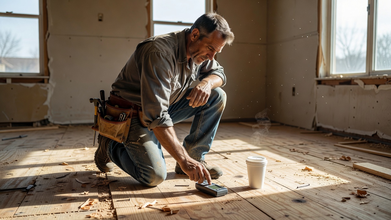 weathered contractor kneeling on exposed plywood subfloor in a half-renovated living room, moisture meter pressed to the wood, morning light through bare window