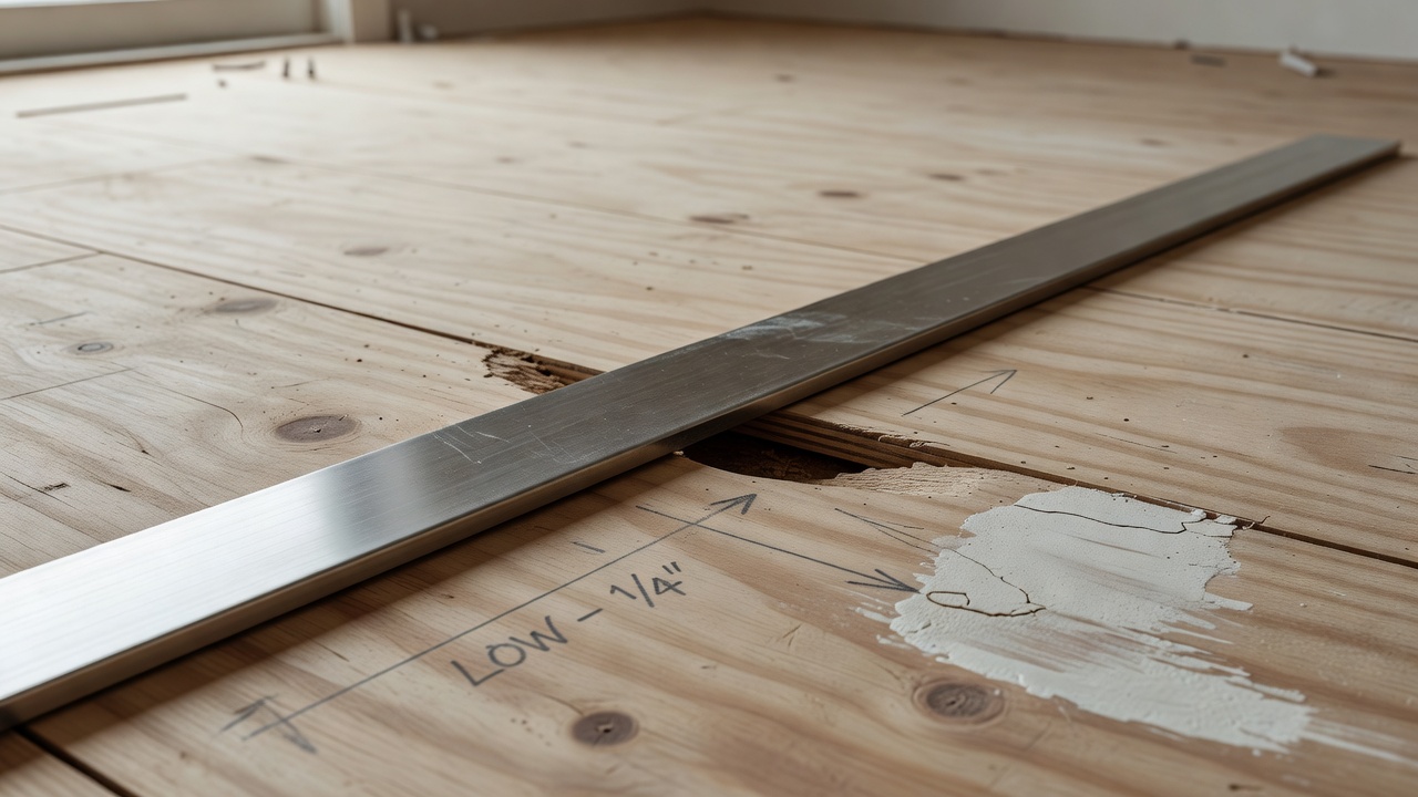 close-up of a long metal straightedge laid across a plywood subfloor showing a visible gap underneath indicating an uneven low spot, pencil marks and patch comp