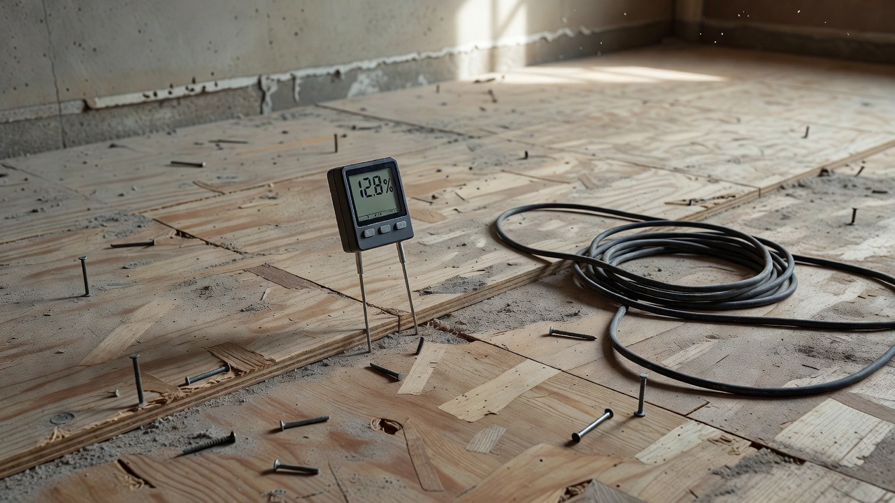 pin-type moisture meter inserted into plywood subfloor near a exterior wall, digital readout visible, scattered fasteners and a coiled extension cord on the dus