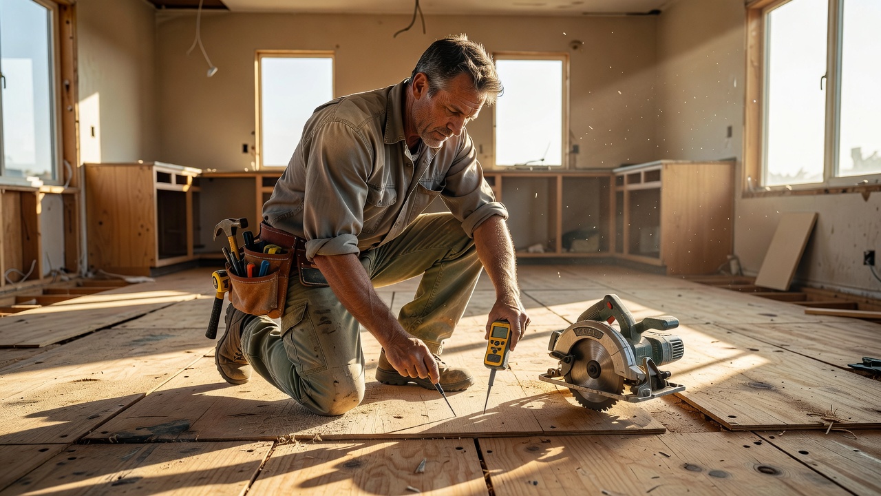 weathered contractor kneeling on exposed plywood subfloor in an empty residential kitchen, pin-type moisture meter pressed into wood, tool belt and circular saw