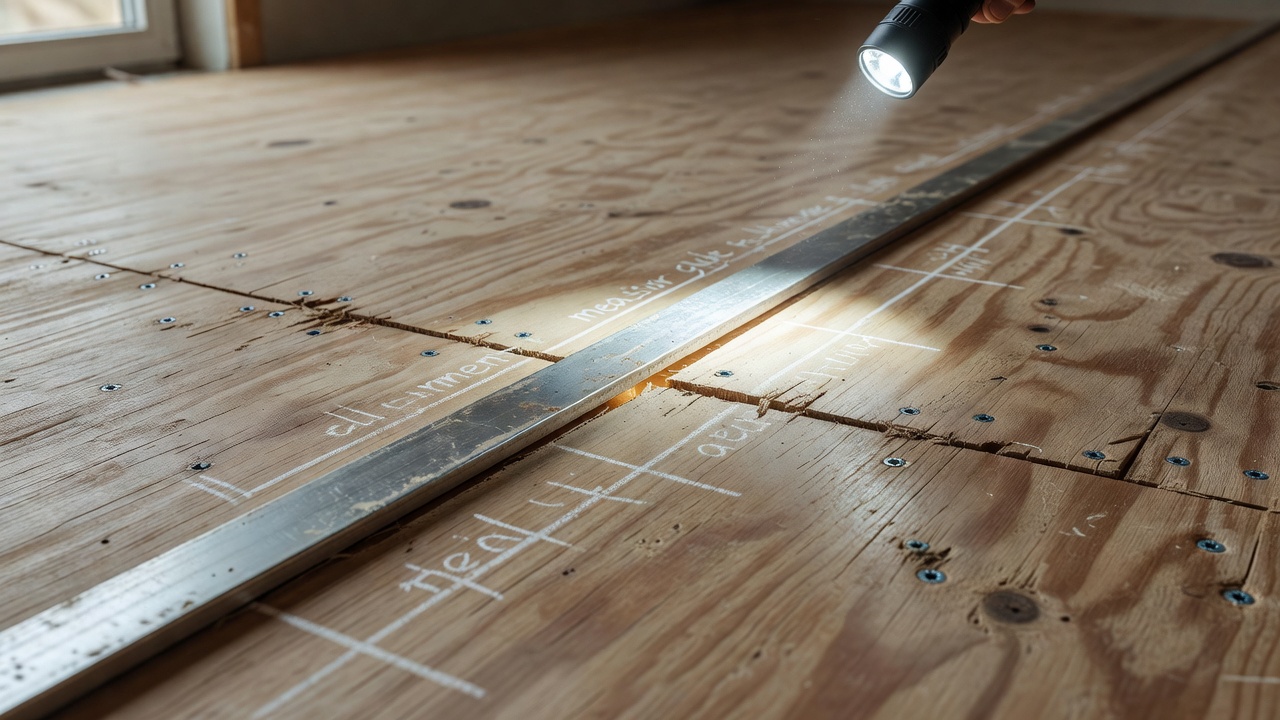 close-up of contractor's straightedge spanning a plywood subfloor seam with a thin gap illuminated by flashlight, chalk marks and screw heads visible, dust clea