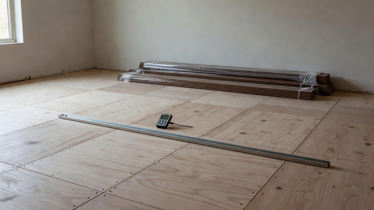 wide shot of empty living room with fresh plywood subfloor fully fastened and swept clean, moisture meter and straightedge resting on the panels, hardwood bundl