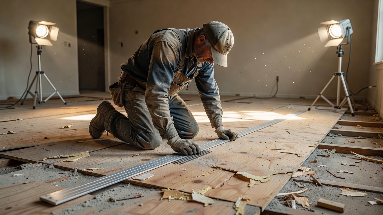 weathered contractor in work pants kneeling on exposed plywood subfloor in an empty living room, using a 6-foot straightedge and feeler gauges under harsh jobsi