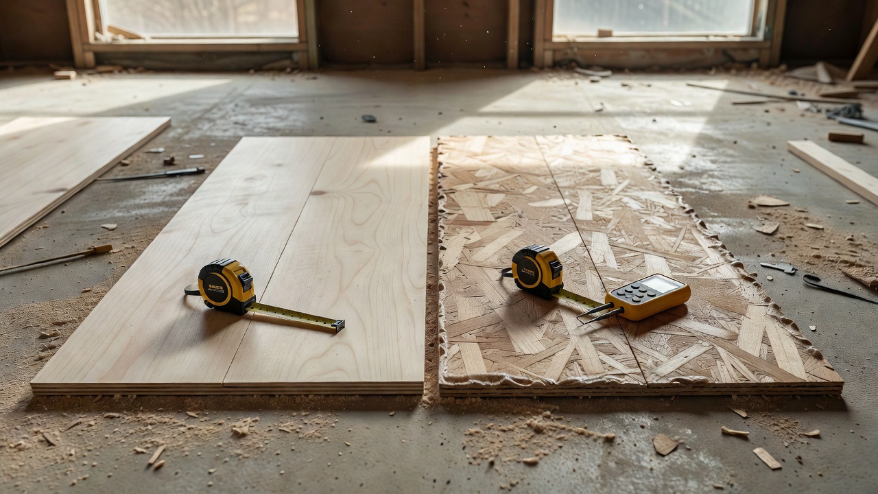 side-by-side comparison on a jobsite of fresh plywood sheets next to swollen-edge OSB panels, measuring tape and moisture meter resting on both, sawdust and con