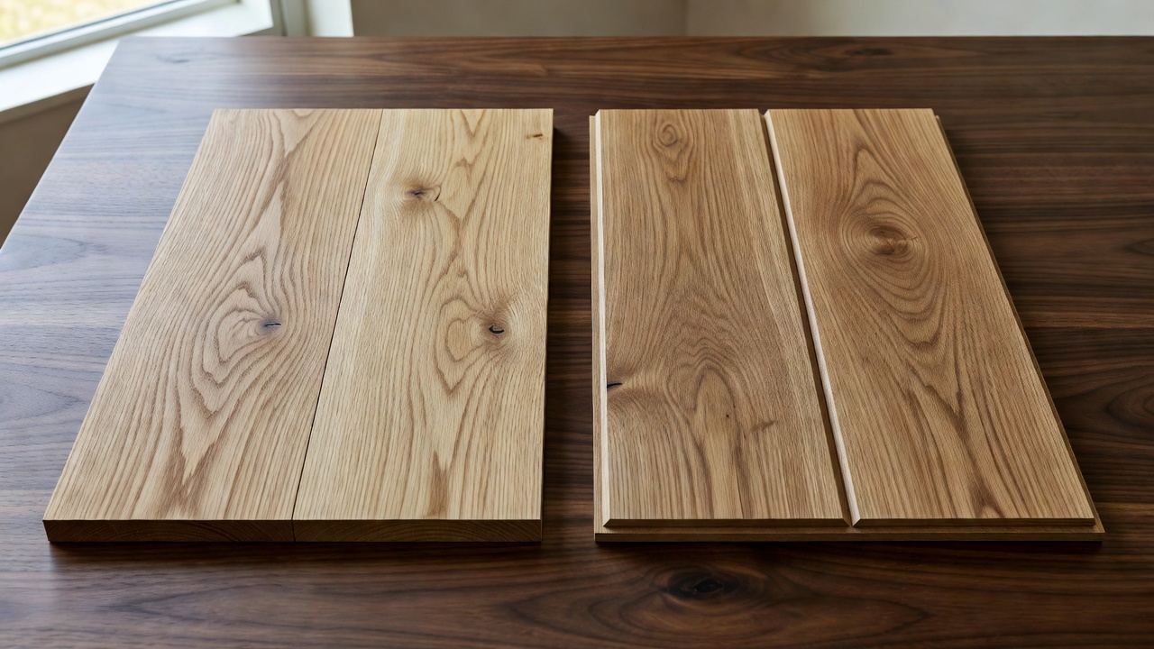 photorealistic overhead view of two flooring samples side by side on a dark walnut display table, left sample solid white oak with natural grain variation and m