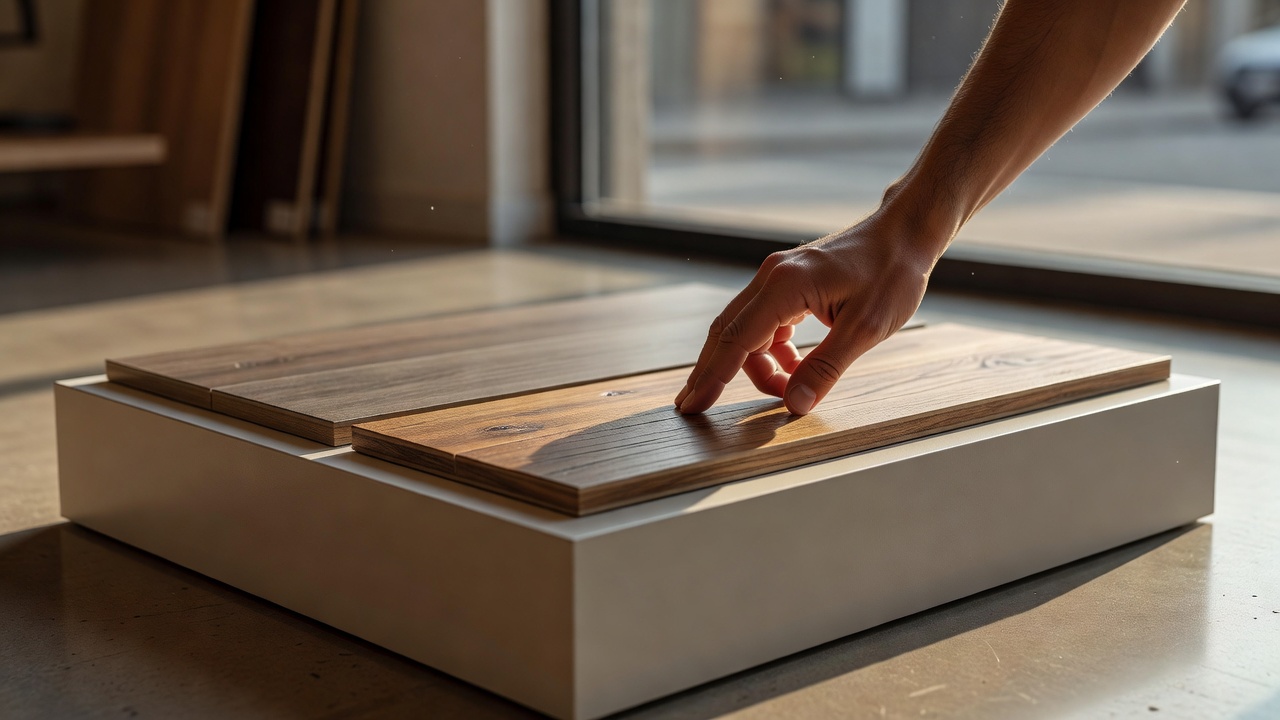 photorealistic scene of a critic’s hand knocking on a hardwood sample beside an LVP sample on a low showroom pedestal, shallow depth of field, warm afternoon li