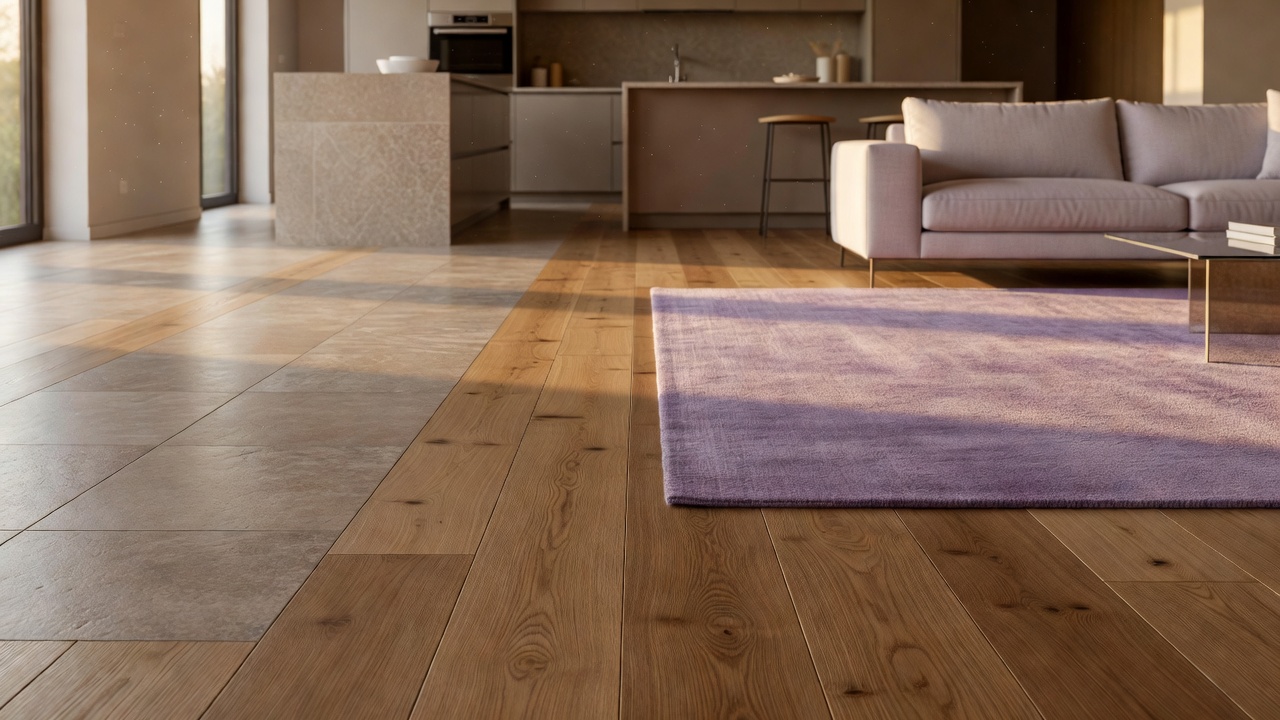 photorealistic sunlit open-plan entry flowing into living room showing limestone tile meeting warm white-oak hardwood with a soft ivory wool runner, cohesive th